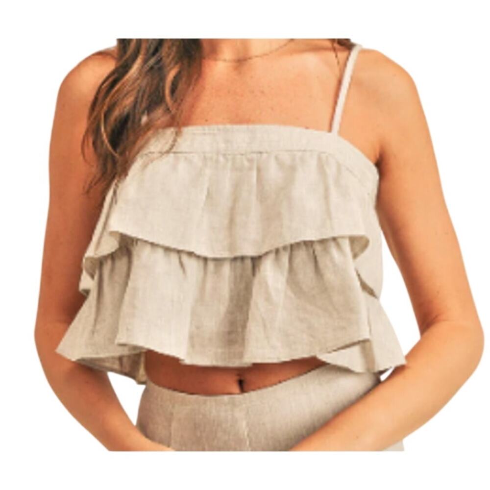 Reset Tracy 100% Linen Cropped Tank Women S Tan Coastal Beach Vacation‎ Cruise